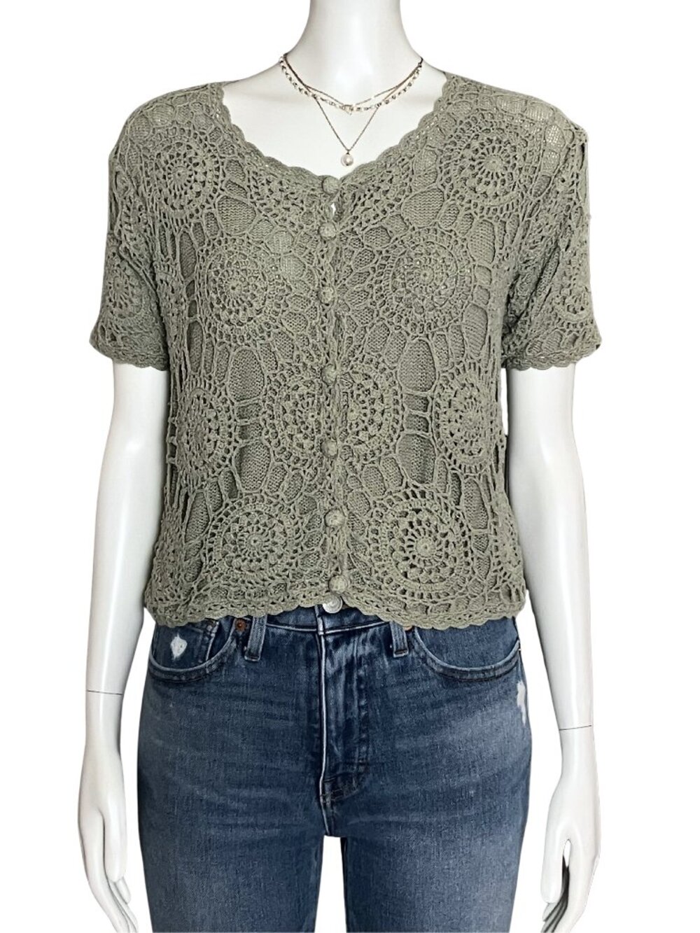 Vintage 90s Silk Cotton Green Cottagecore Crochet Short Sleeve Top. Medium. Boho
